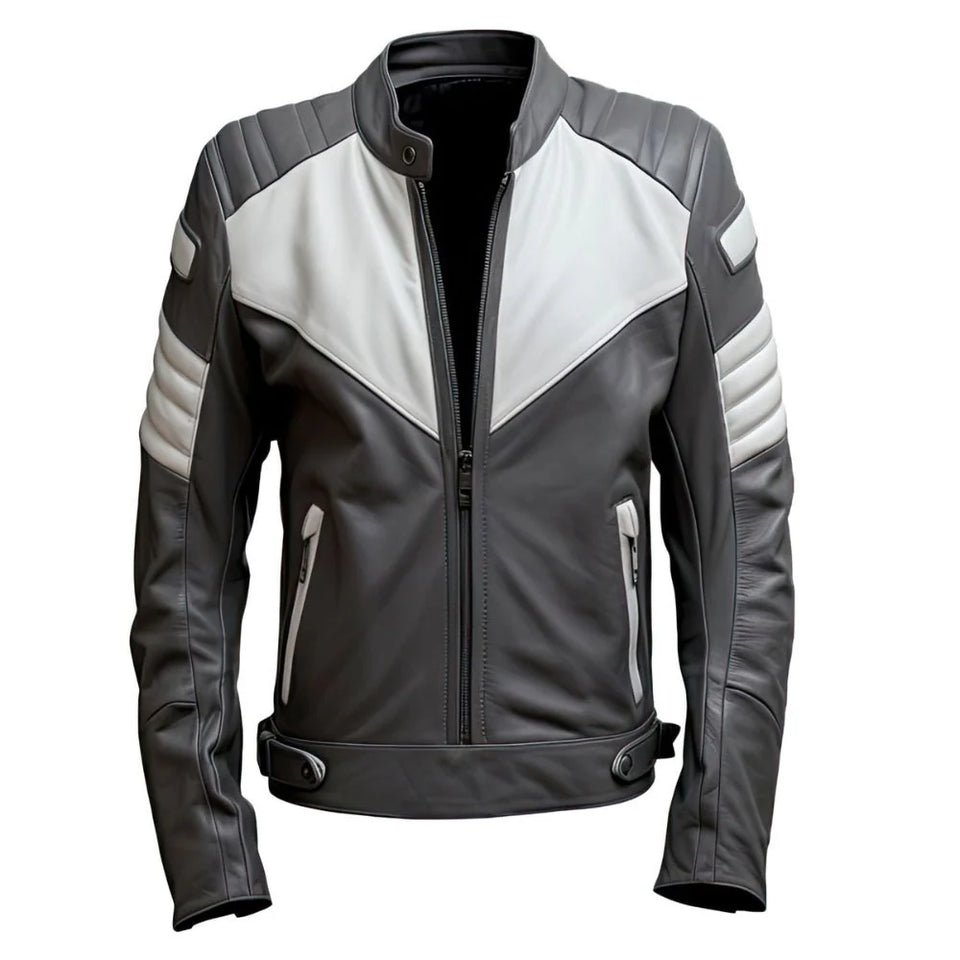 Charcoal Grey White Sheepskin Moto Quilted Racer Leather Jacket for Men
