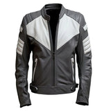 Charcoal Grey White Sheepskin Moto Quilted Racer Leather Jacket for Men