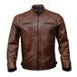 Brown Stand-up Collar Genuine Sheepskin Diamond Leather Biker Jacket For Men