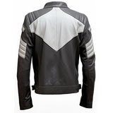 Charcoal Grey White Sheepskin Moto Quilted Racer Leather Jacket for Men