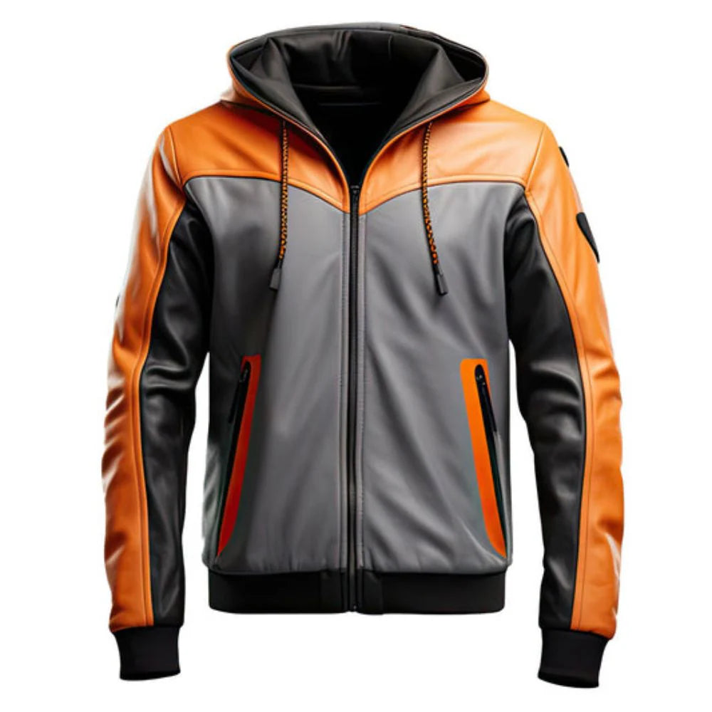 Grey Orange Hooded Genuine Sheepskin Leather Bomber Jacket for Men