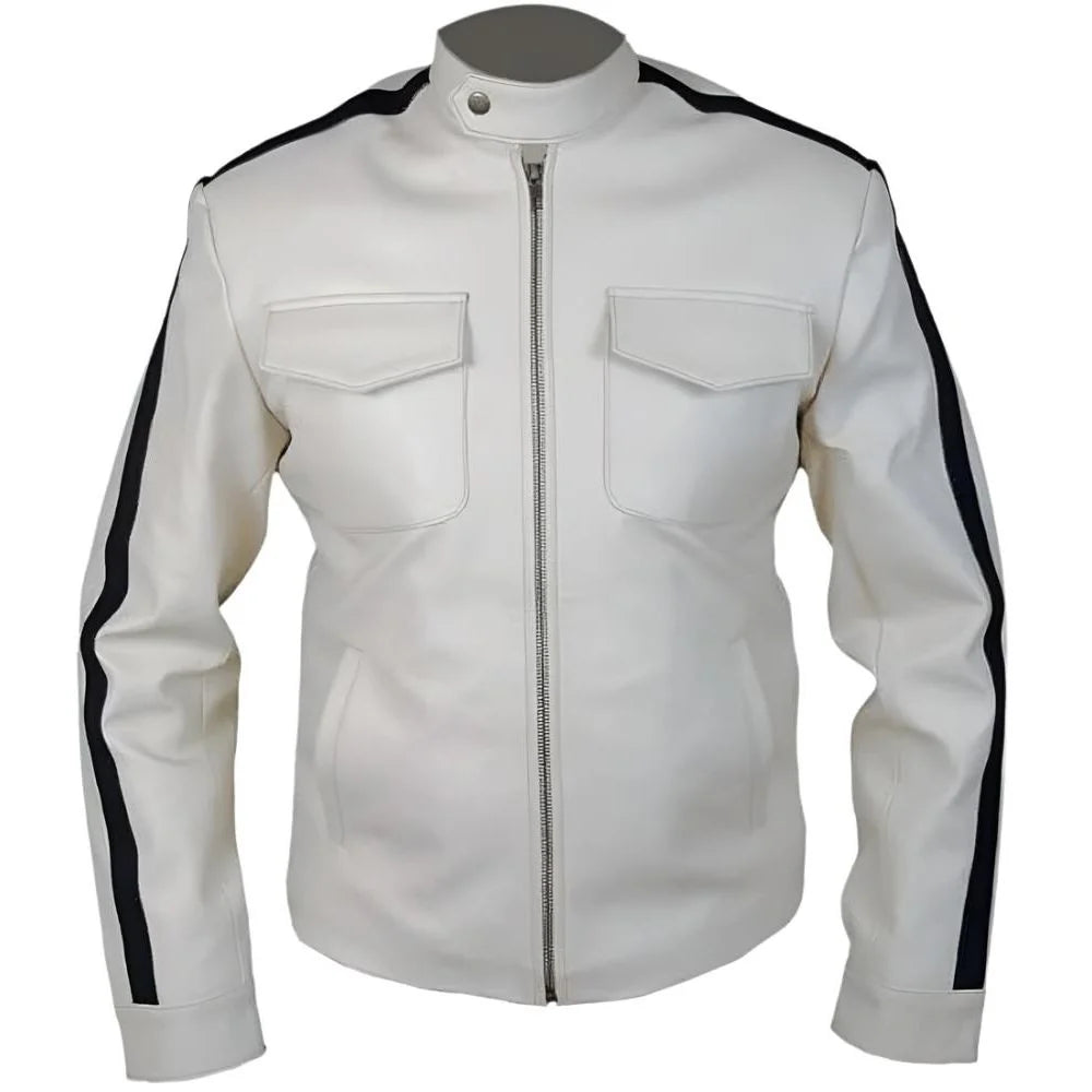 Off-White Blue-Stripe Genuine Leather Motorcycle Jacket for Men