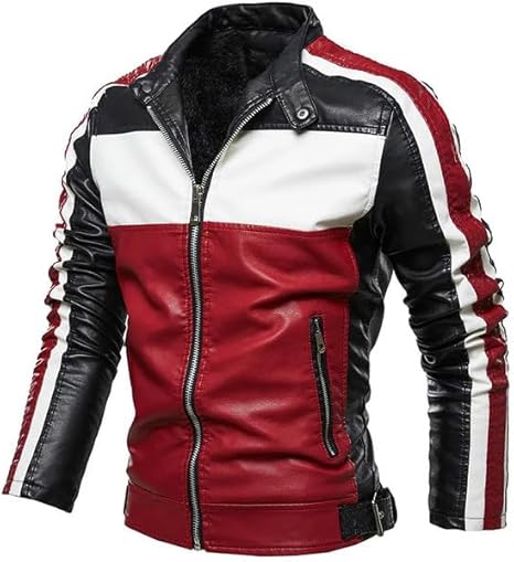 Red and Black Varsity Stand Collar Cafe Racer Leather Jacket for Men