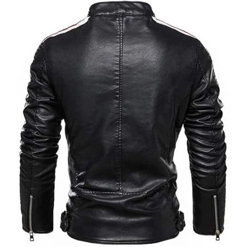 Red and Black Varsity Stand Collar Cafe Racer Leather Jacket for Men