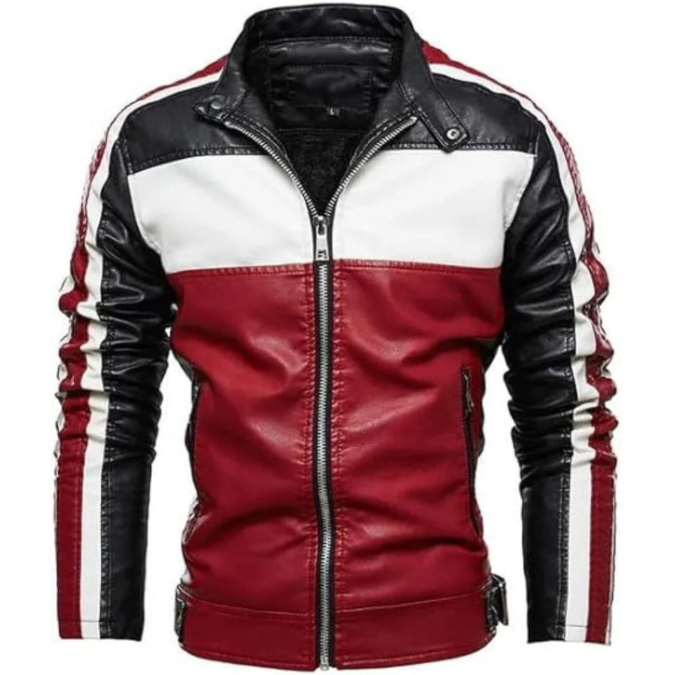 Red and Black Varsity Stand Collar Cafe Racer Leather Jacket for Men
