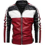 Red and Black Varsity Stand Collar Cafe Racer Leather Jacket for Men