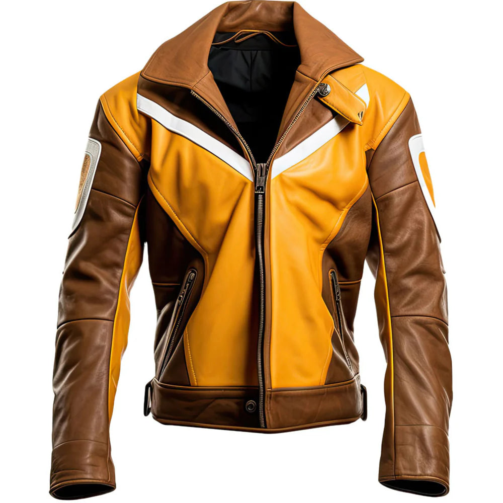 Brown Yellow Motorcycle Genuine Sheepskin Leather Jacket for Men