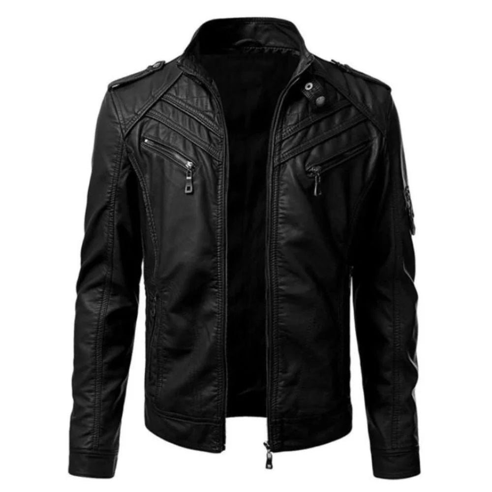 Black Multi-Pocket Zippered Biker Racer Premium Leather Jacket for Men