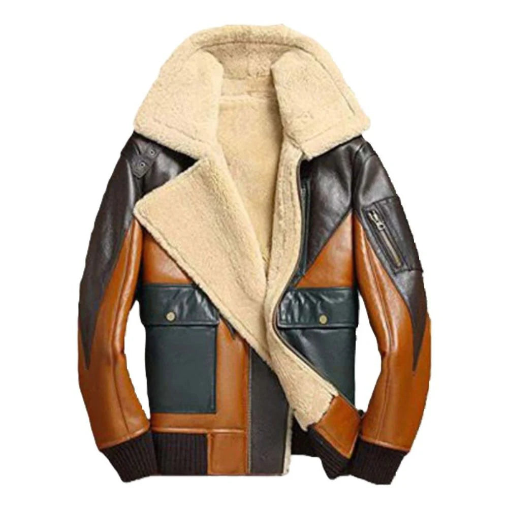 Brown Genuine Suede Shearling Collar Aviator Pure Leather Jacket for Men