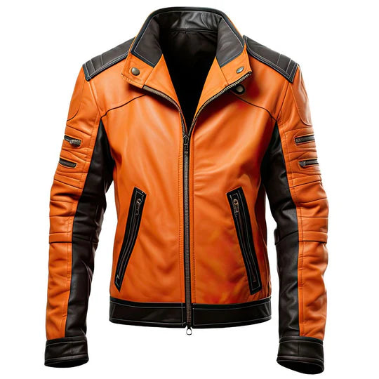 Orange Black Premium Sheepskin Zip-Up Motorcycle Leather Jacket for Men