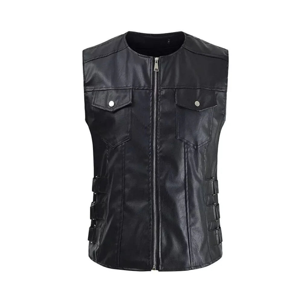 Black Sleeveless Genuine Lambskin Leather Moto Biker Waistcoat for Men