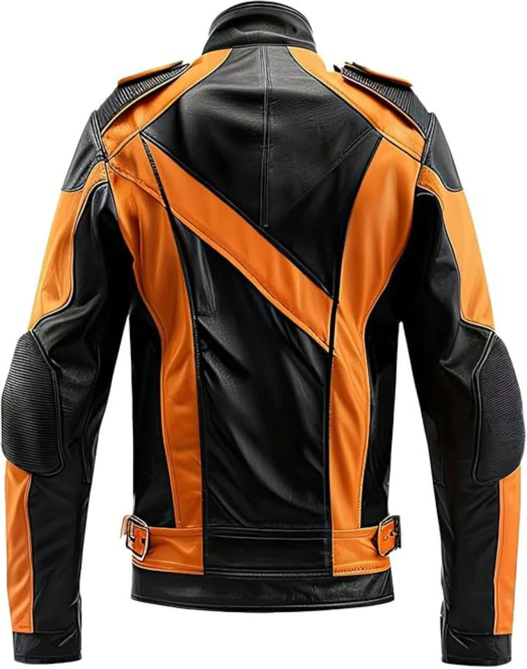 Bold Orange Black Contrast Genuine Sheepskin Biker Style Jacket for Men