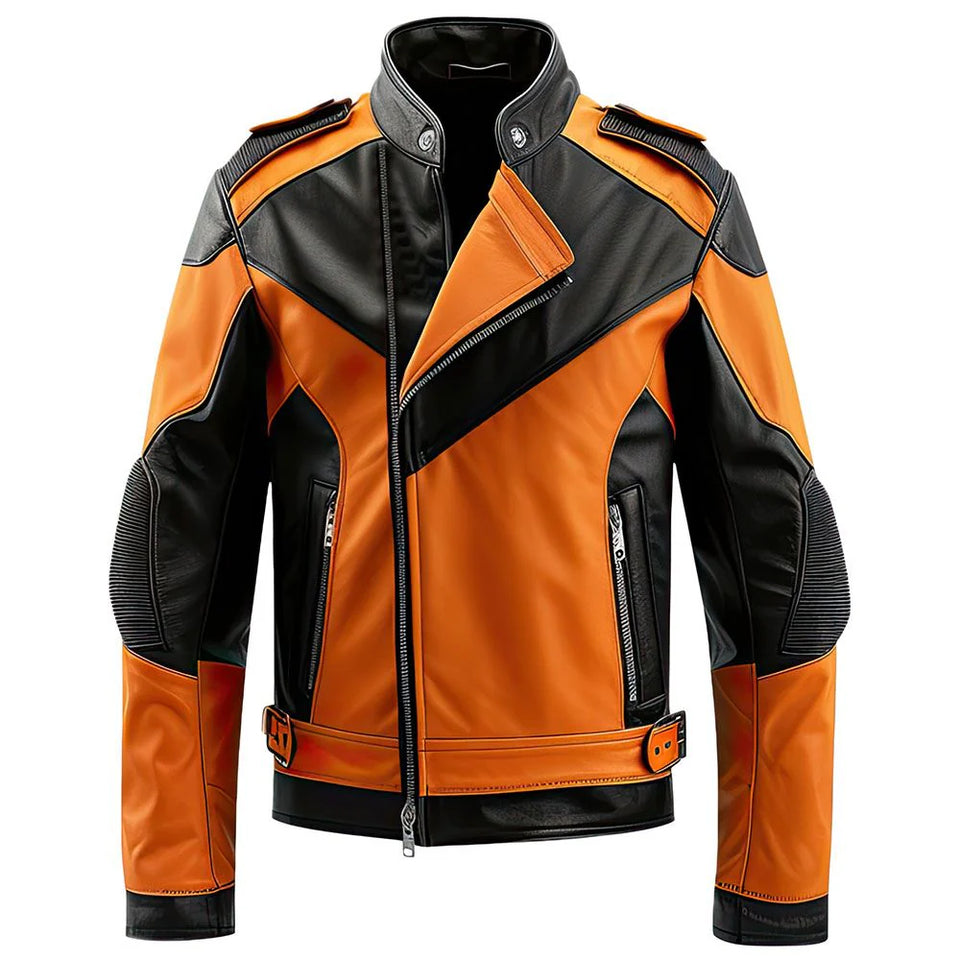 Bold Orange Black Contrast Genuine Sheepskin Biker Style Jacket for Men