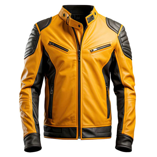Moto Biker Mustard-Black Genuine Sheepskin Leather Jacket for Men