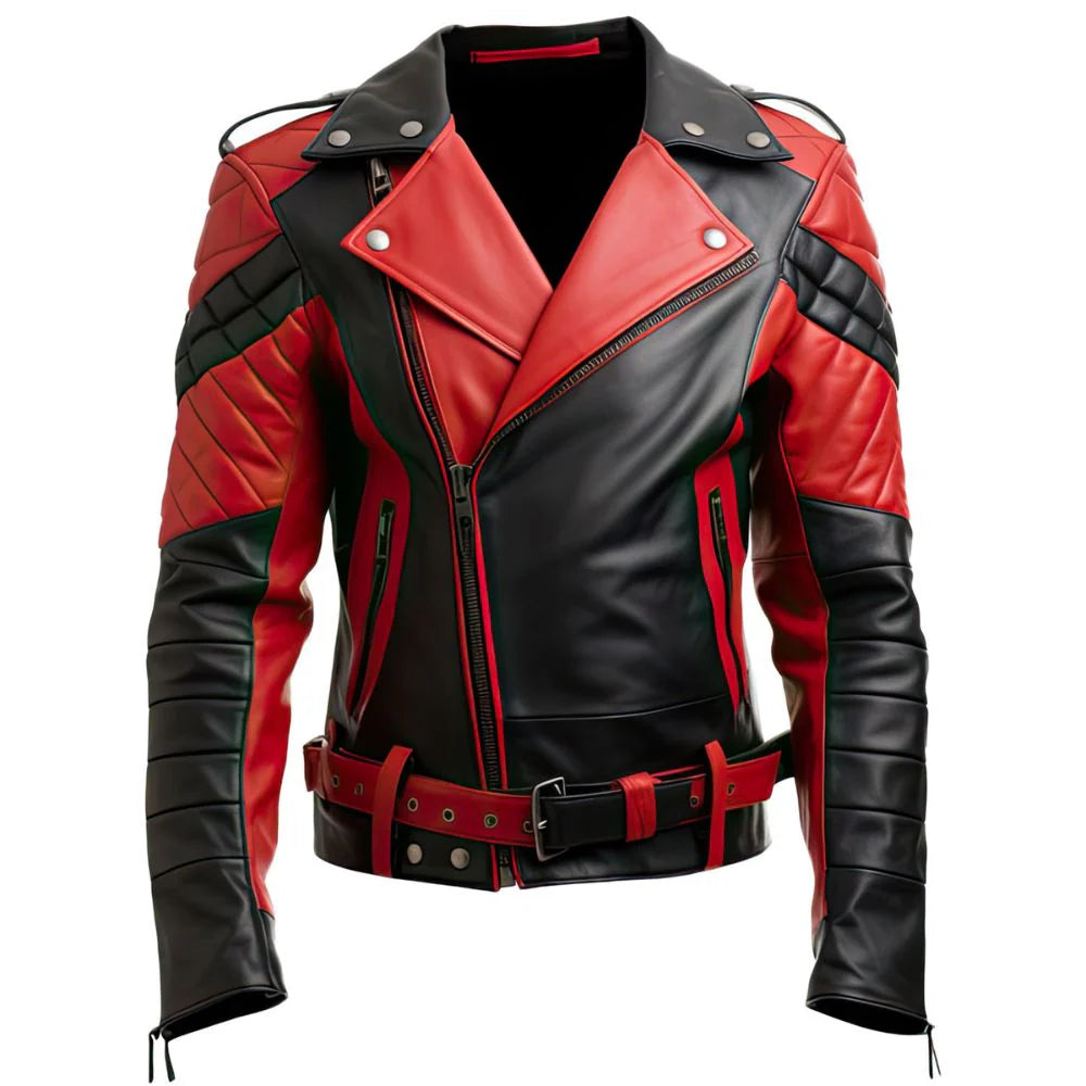 Moto Rider Black-Red Brando Genuine Sheepskin Leather Jacket for Men