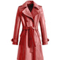 Double-Breasted Red Genuine Sheepskin Trench Leather Coat for Women