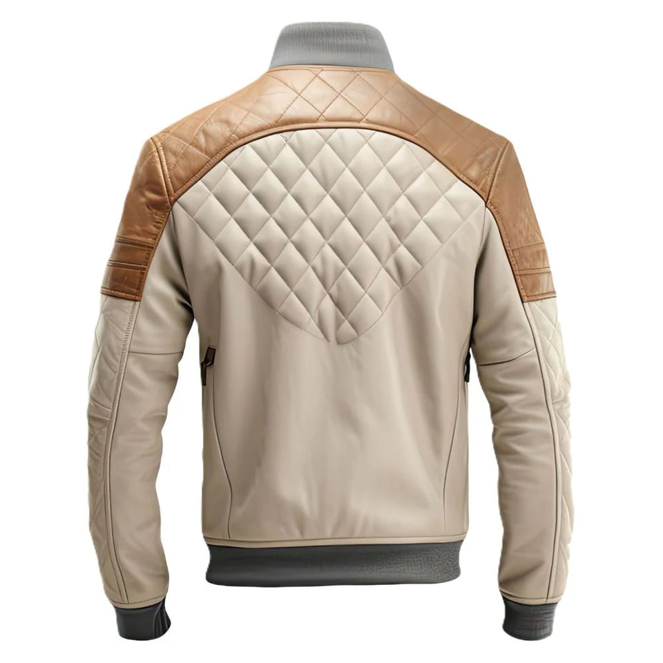 Brown Moto Racer Diamond Quilted Bomber Genuine Leather Jacket for Men