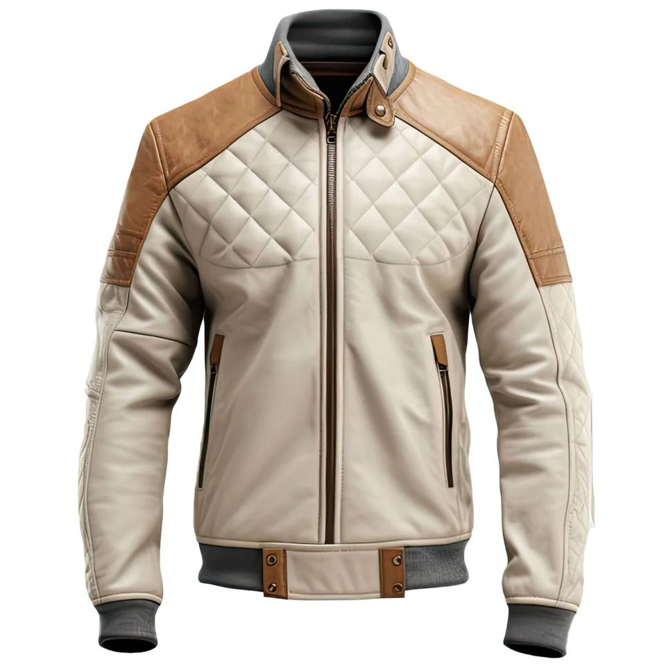 Brown Moto Racer Diamond Quilted Bomber Genuine Leather Jacket for Men