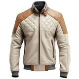 Brown Moto Racer Diamond Quilted Bomber Genuine Leather Jacket for Men