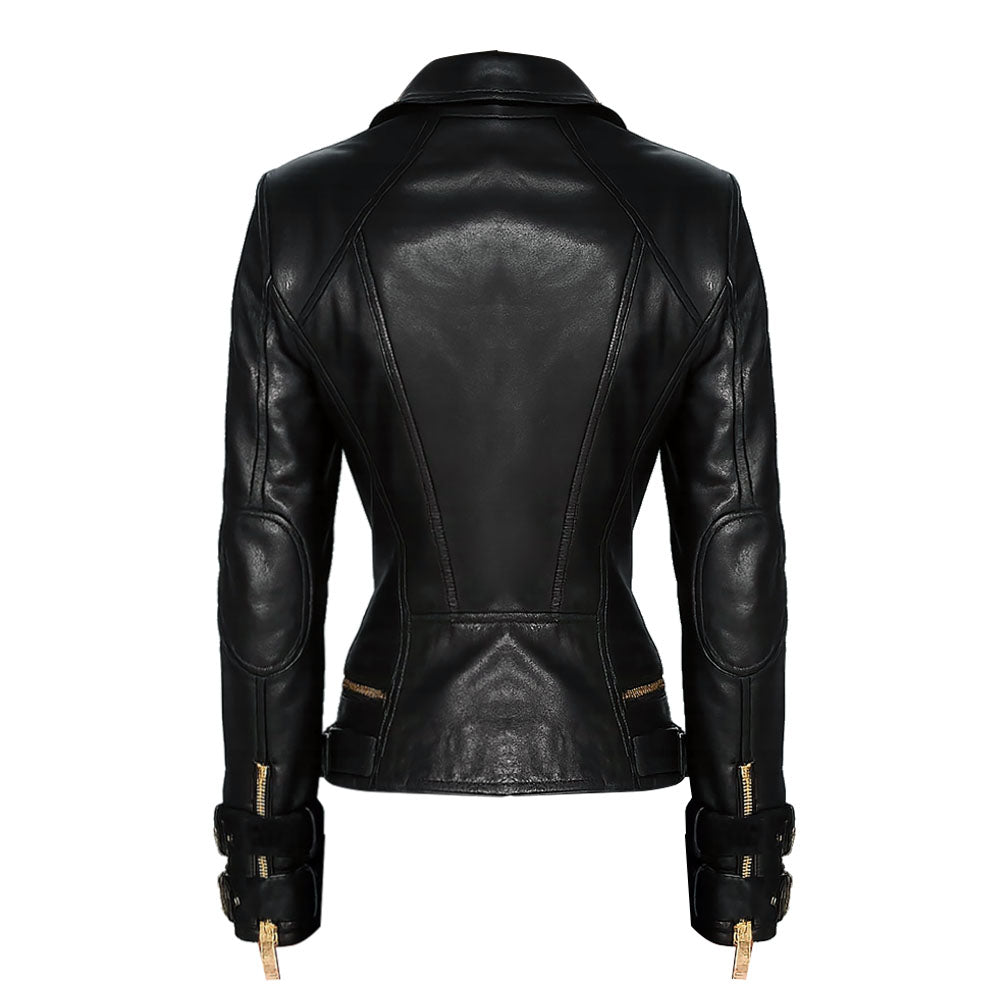 Gold Accents Zipper Closure Premium Sheepskin Leather Motorcycle Jacket for Women