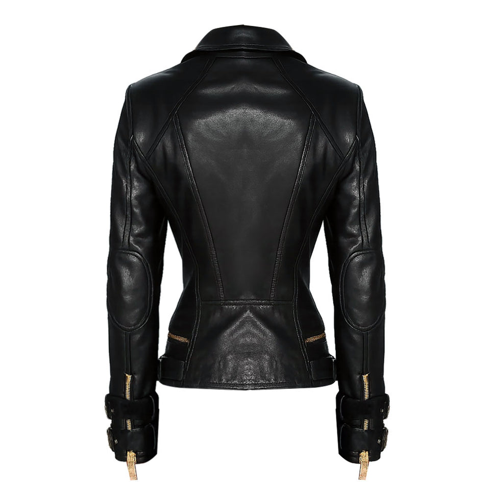 Gold Accents Zipper Closure Premium Sheepskin Leather Motorcycle Jacket for Women
