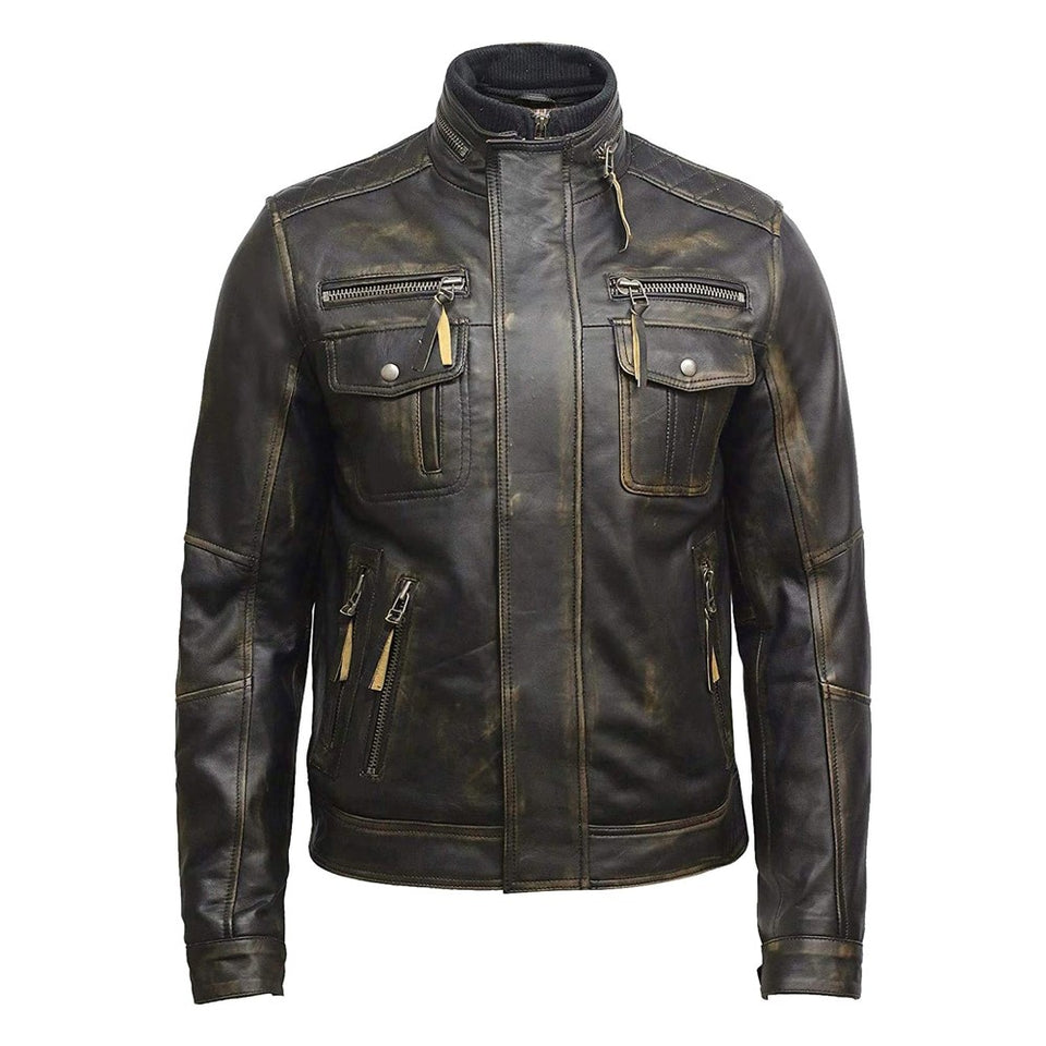 Distressed Brown Motorcycle Genuine Cowhide Leather Jacket for Men