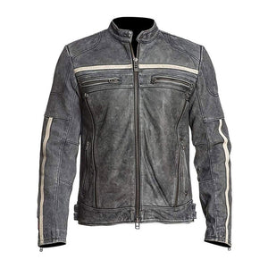 Grey Moto-Racer Vintage Genuine Cowhide Leather Jacket for Men