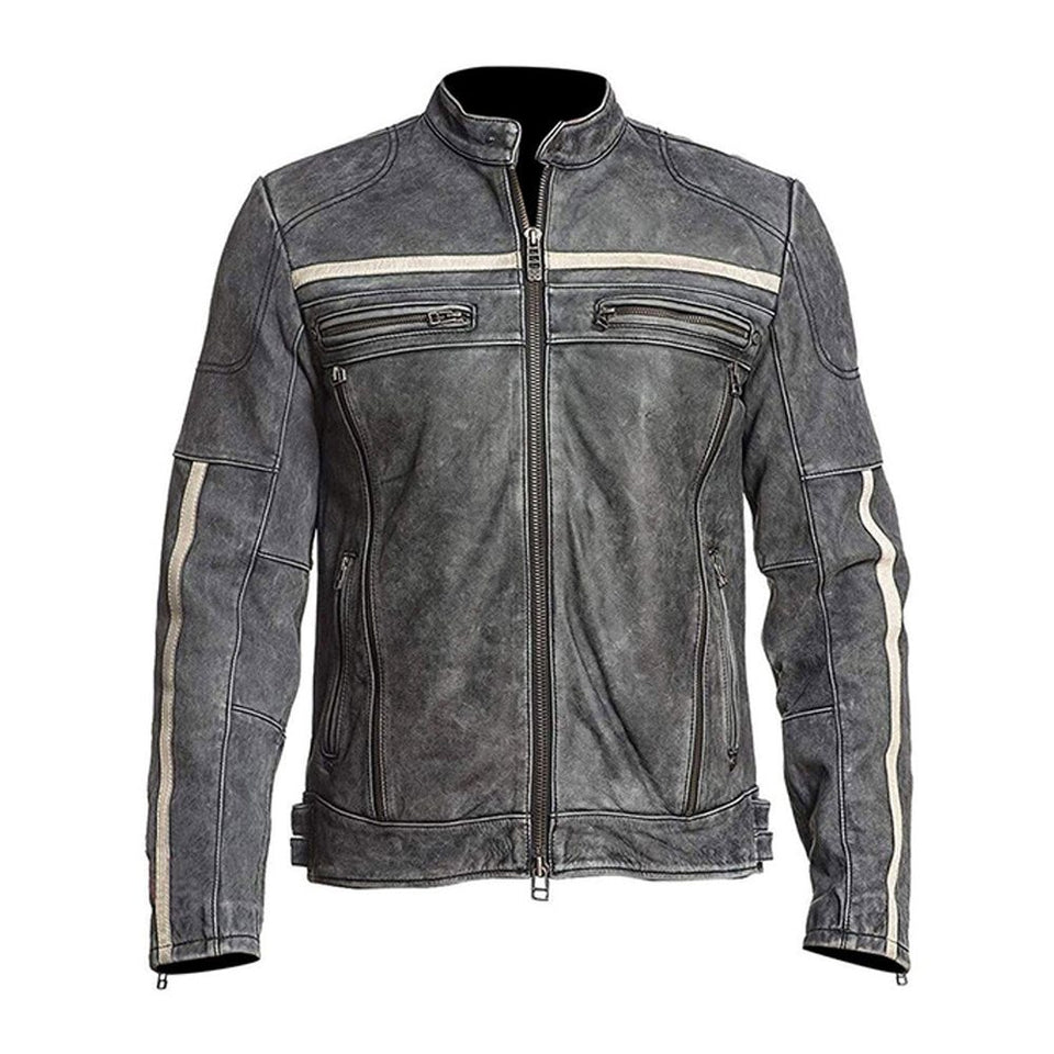 Grey Moto-Racer Vintage Genuine Cowhide Leather Jacket for Men