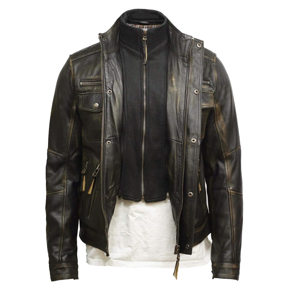 Distressed Brown Motorcycle Genuine Cowhide Leather Jacket for Men