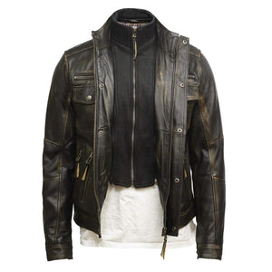 Distressed Brown Motorcycle Genuine Cowhide Leather Jacket for Men
