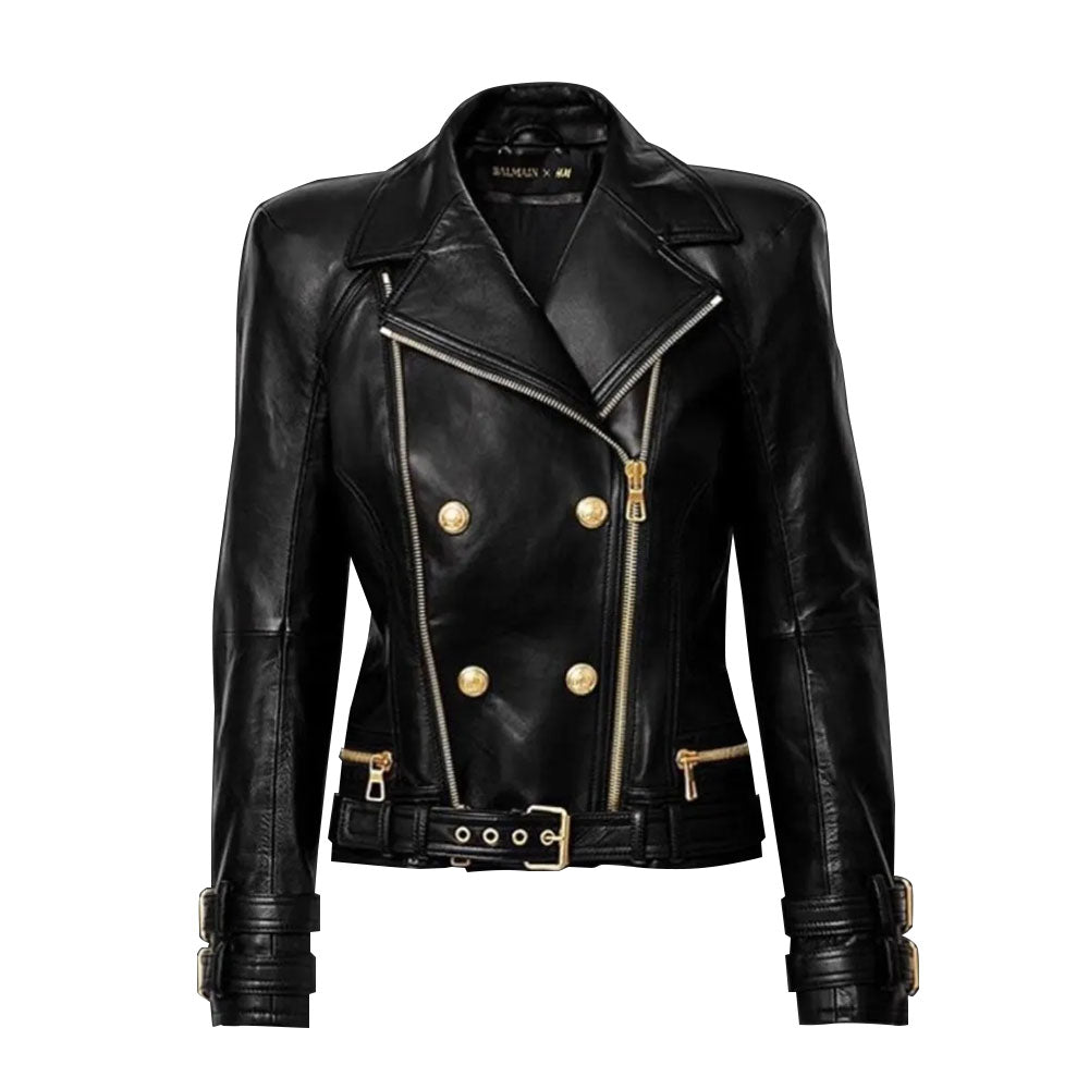 Gold Accents Zipper Closure Premium Sheepskin Leather Motorcycle Jacket for Women
