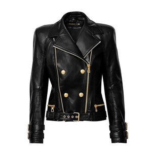 Gold Accents Zipper Closure Premium Sheepskin Leather Motorcycle Jacket for Women