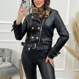 Gold Accents Zipper Closure Premium Sheepskin Leather Motorcycle Jacket for Women