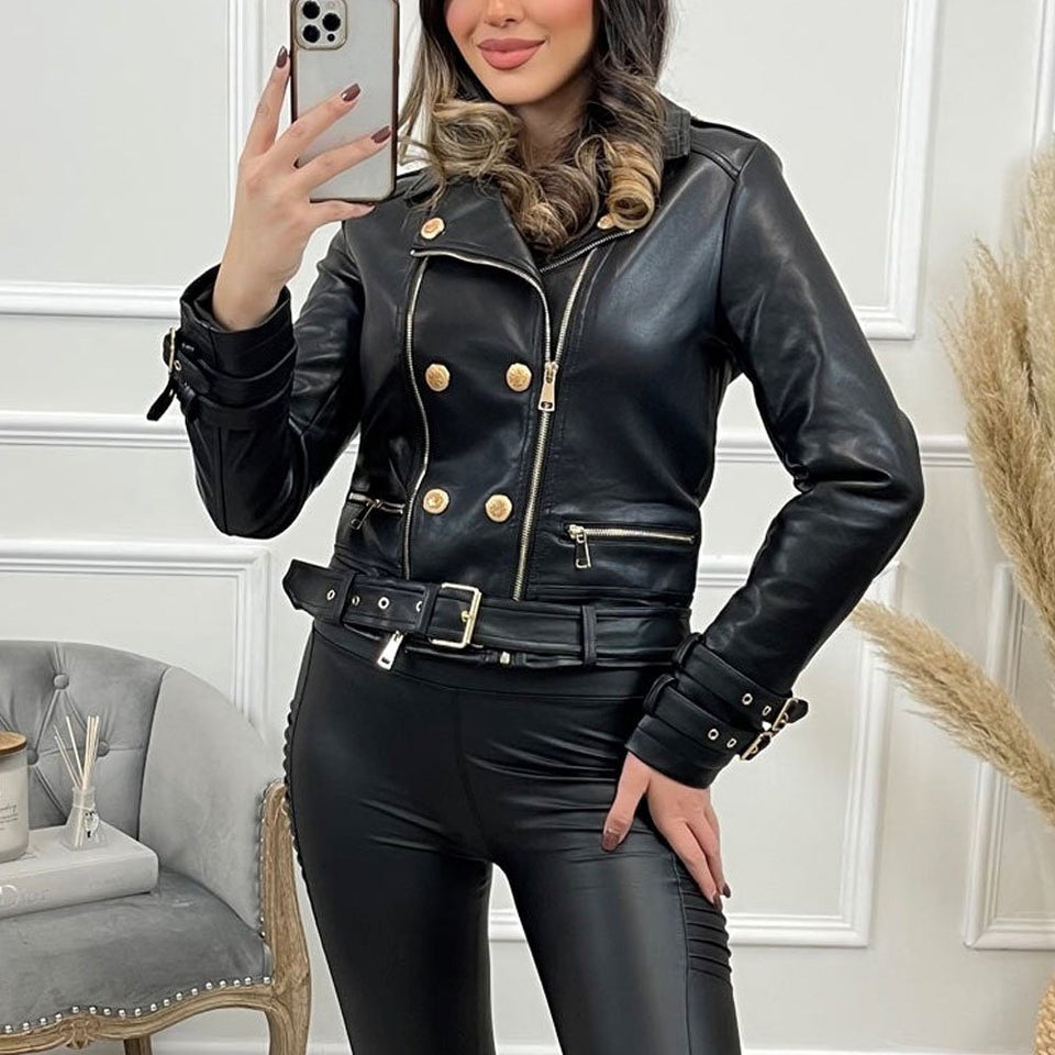 Gold Accents Zipper Closure Premium Sheepskin Leather Motorcycle Jacket for Women