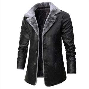 Black Faux Shearling Genuine Sheepskin Trench Leather Coat for Men