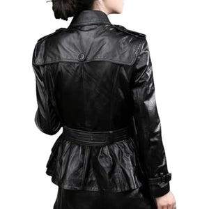 Double-Breasted Jet Black Genuine Sheepskin Leather Jacket for Women