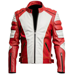 Red Café Racer Genuine Sheepskin Motorcycle Leather Jacket for Men