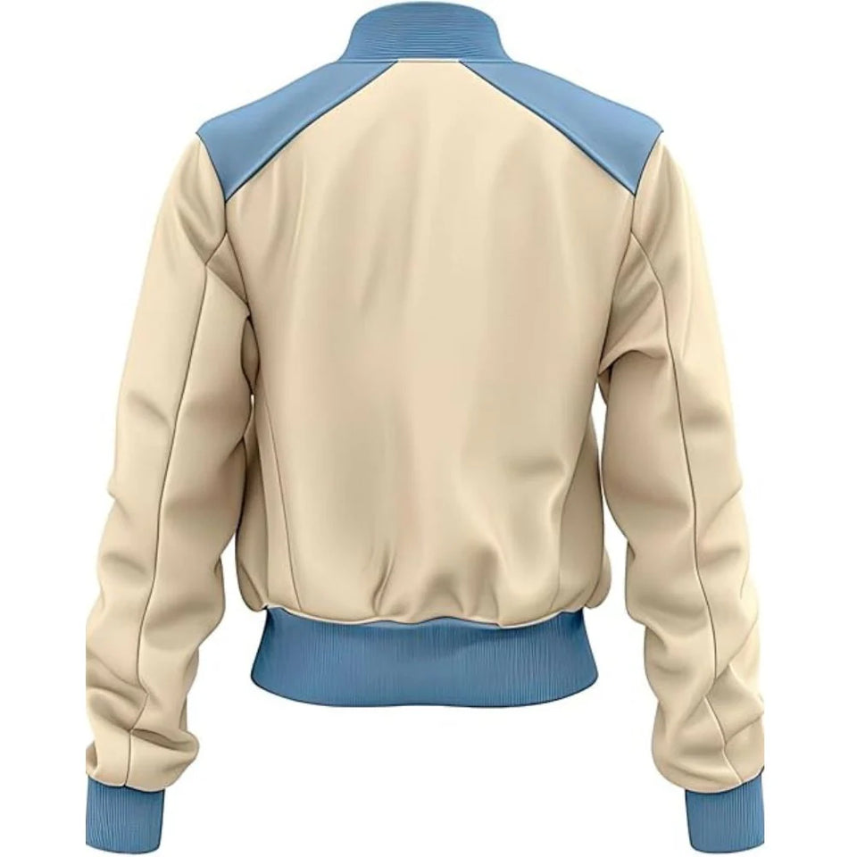 White-Blue Sheepskin Bomber Biker Style Leather Jacket For Women