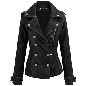 Black Premium Double-Breasted Suede Sheepskin Leather Coat for Women