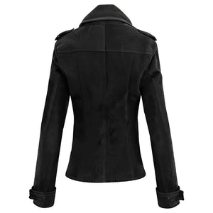 Black Premium Double-Breasted Suede Sheepskin Leather Coat for Women