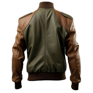 Olive Green Brown Bomber Genuine Sheepskin Leather Jacket for Men