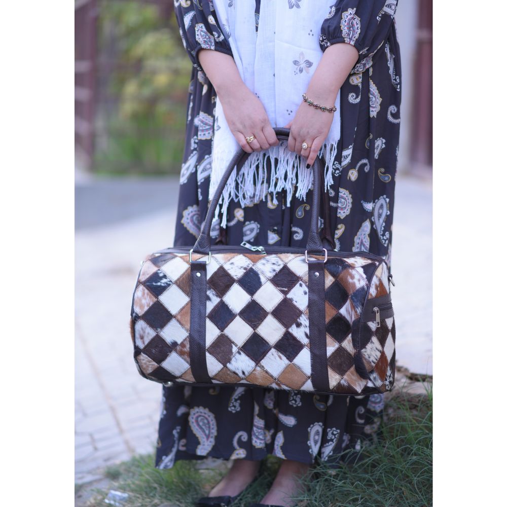 Multipatch Oval Design - Hair On Cowhide Genuine Leather Duffel Bag