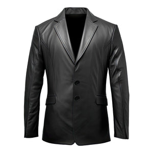 Black Notched-Collar Casual Genuine Sheepskin Leather Blazer for Women