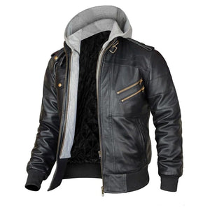 Bomber Removable Hooded Sheepskin Leather Jacket for Men