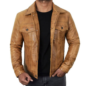 Trucker Vintage Style Real Lambskin Leather Jacket for Men