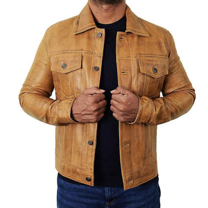 Trucker Vintage Style Real Lambskin Leather Jacket for Men