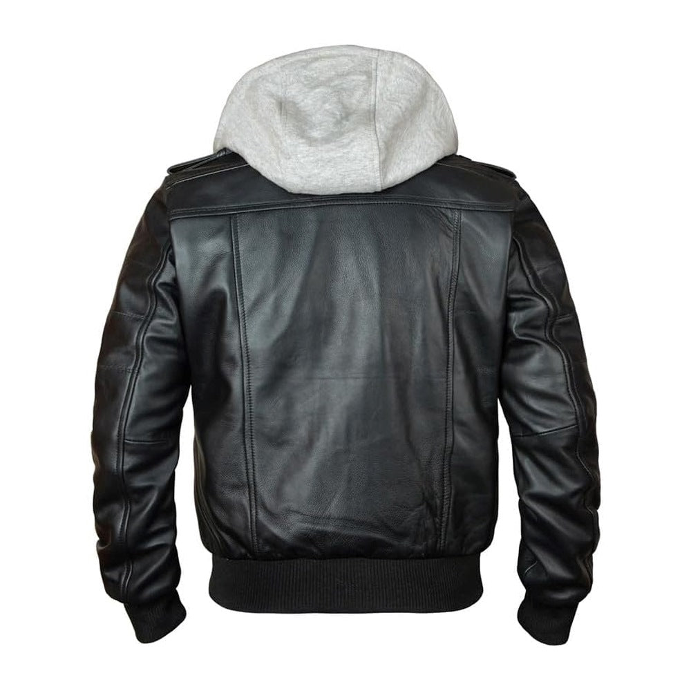Bomber Removable Hooded Sheepskin Leather Jacket for Men