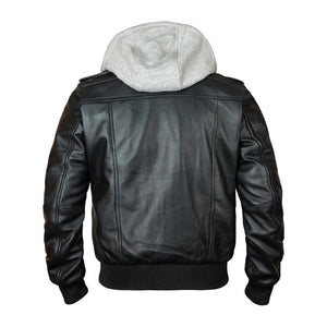 Bomber Removable Hooded Sheepskin Leather Jacket for Men