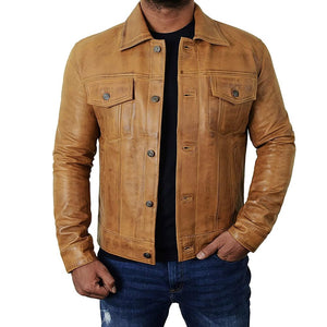 Trucker Vintage Style Real Lambskin Leather Jacket for Men
