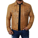 Trucker Vintage Style Real Lambskin Leather Jacket for Men